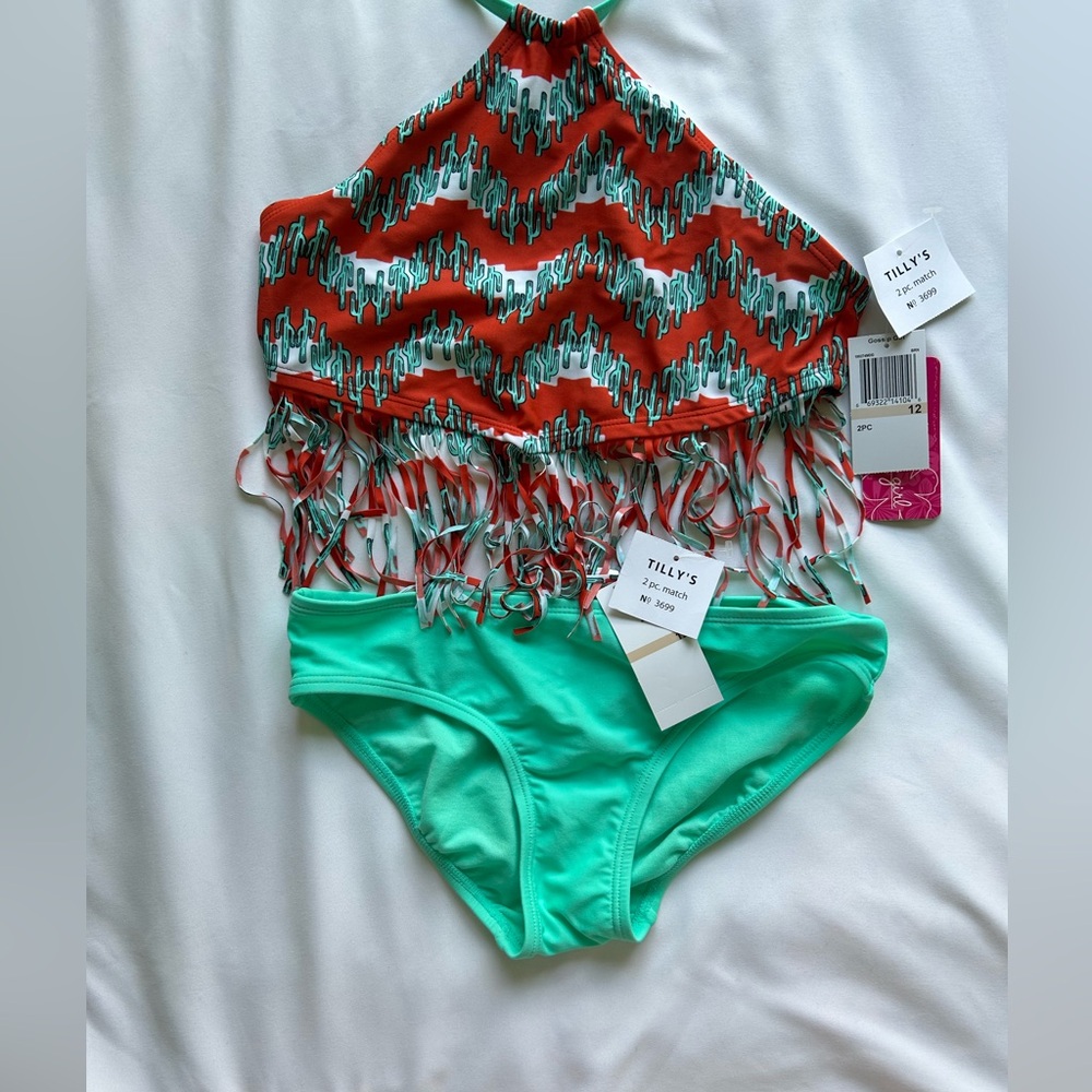 Swimwear Gossip Girl Cactus Fringe 2 Pc Bikini Set SZ 12 Burnt Orange Green